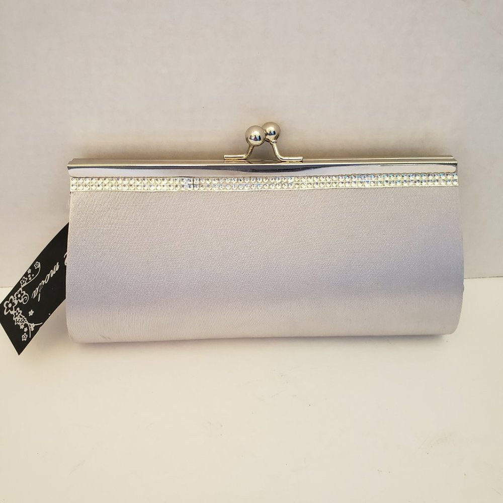 Silver Kiss Lock Chain Handle Rhinestone Detail Evening Bag Purse Handbag
